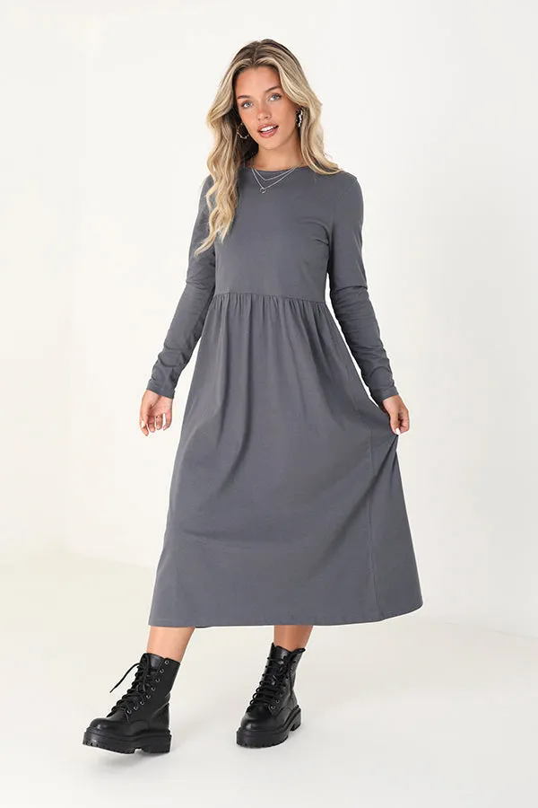 LONG SLEEVE SOLID COLOUR MIDI SMOCK DRESS