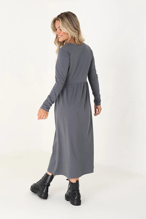 LONG SLEEVE SOLID COLOUR MIDI SMOCK DRESS