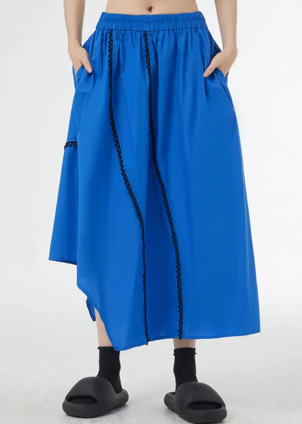 Loose Royal Blue Asymmetrical Pockets Patchwork Cotton A Line Skirts Summer LY9312