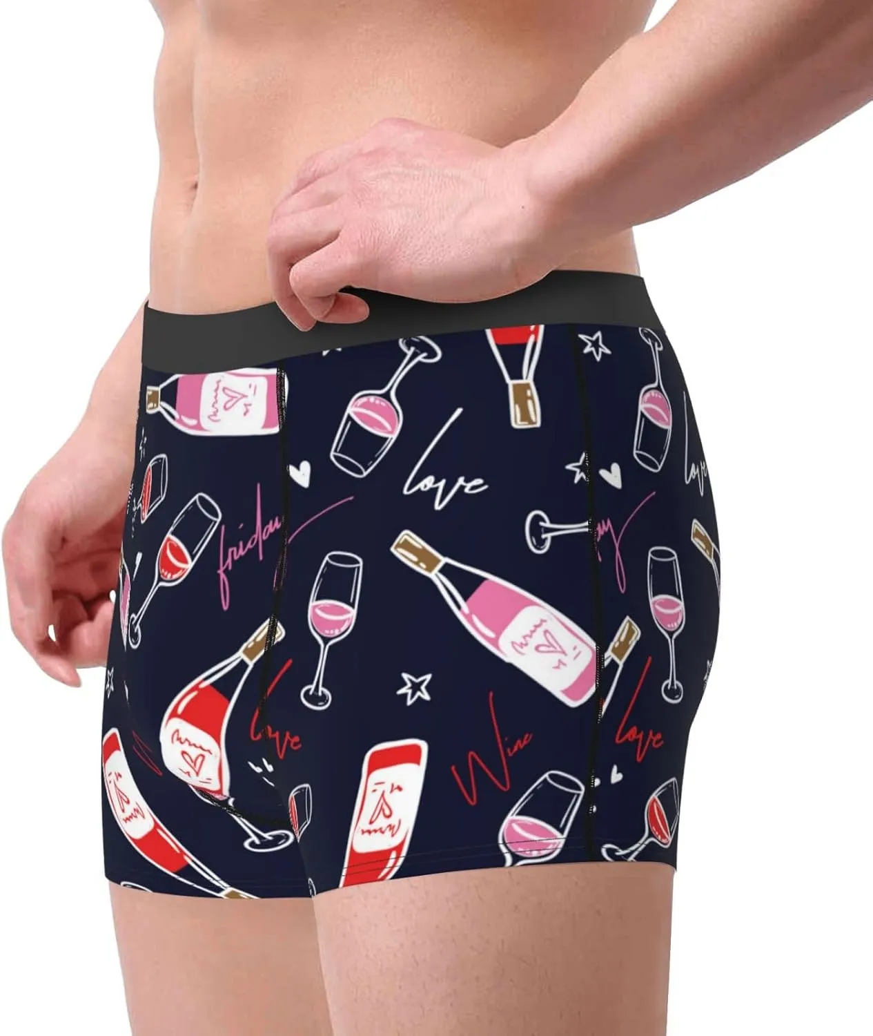 Love Wine Print Boxer Briefs For Men Breathable Underwear-