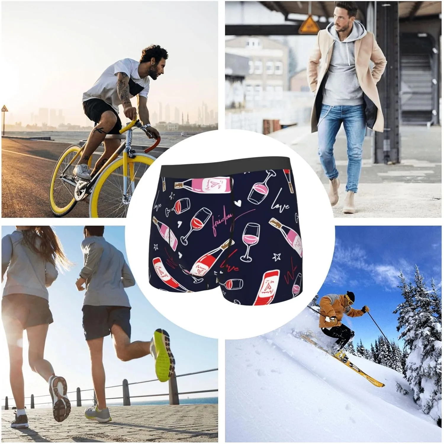 Love Wine Print Boxer Briefs For Men Breathable Underwear-