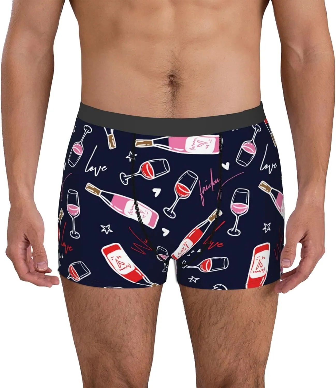 Love Wine Print Boxer Briefs For Men Breathable Underwear-