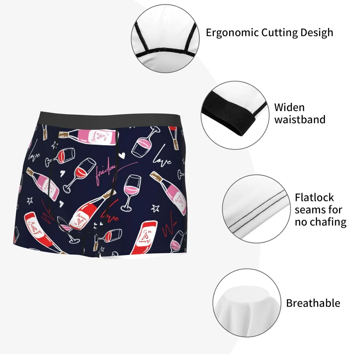 Love Wine Print Boxer Briefs For Men Breathable Underwear-