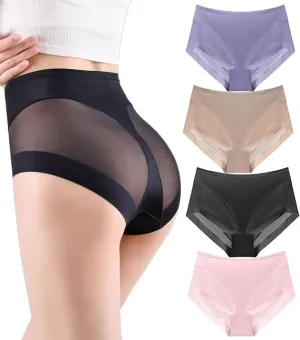 Lowesmart Panties, High Waist Ice Silk Seamless Shaping Briefs, Transparent Mesh No Trace Underwear, Sexy panties (4pcs-a,3X-Large)