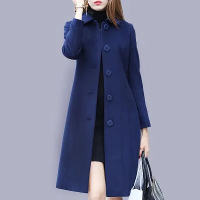 Lucyever Fashion British Solid Button Woolen Coat Women Plus Size Long Sleeve Coats Woman Elegant Pocket Slim Outwear Mujer