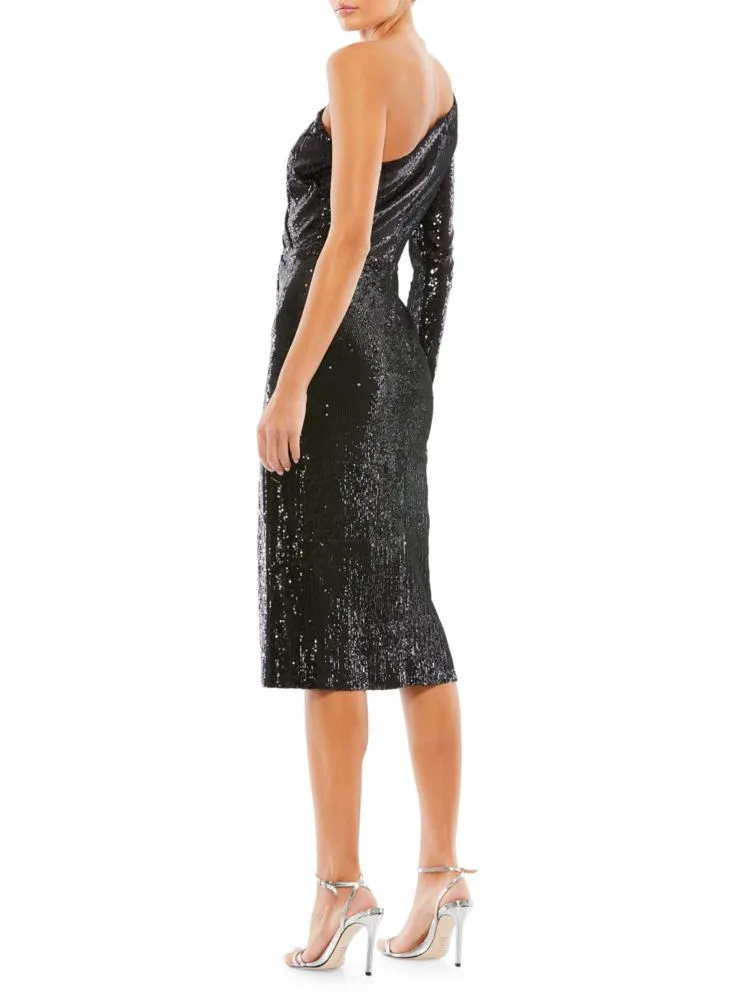 Mac Duggal One Shoulder Sequin Midi Dress, Black