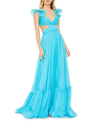 Mac Duggal Ruffle Cutout Pleated Ball Gown, Turquoise