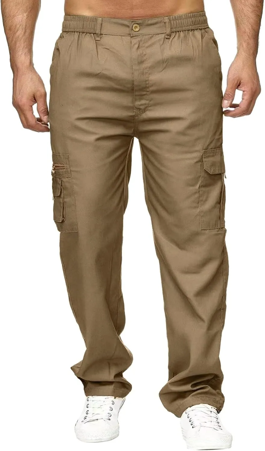 Male Versatile All Season Cargo Pants Multi Pocket Zip Button Hem Solid Color Plus Size Trousers for Men High