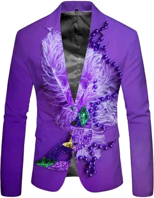 Mardi Gras Blazer for Men 3D Print Shawl Lapel Slim Fit Jacket One Button Long Sleeve Coat Trendy Outwear with Pocket