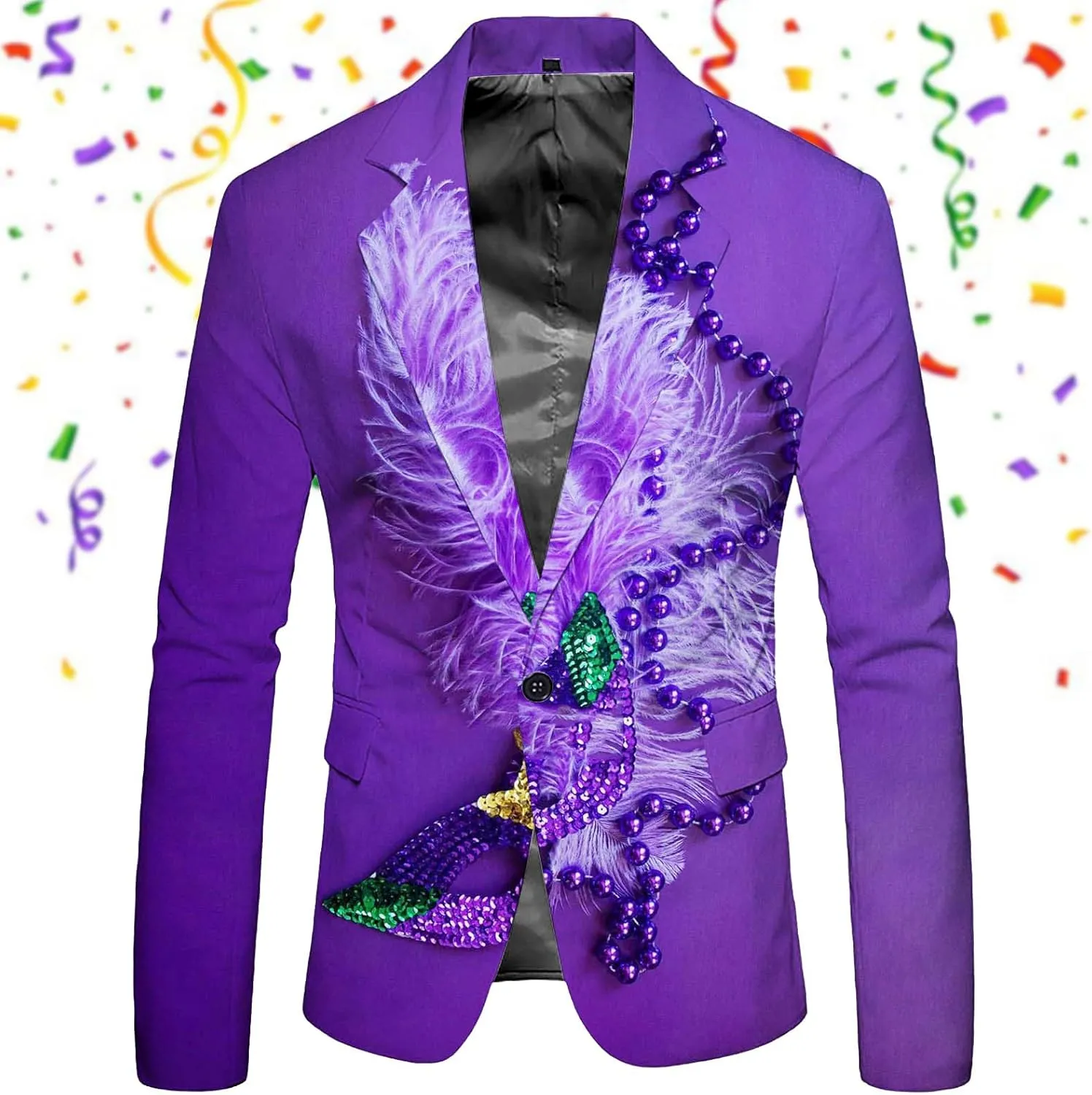 Mardi Gras Blazer for Men 3D Print Shawl Lapel Slim Fit Jacket One Button Long Sleeve Coat Trendy Outwear with Pocket