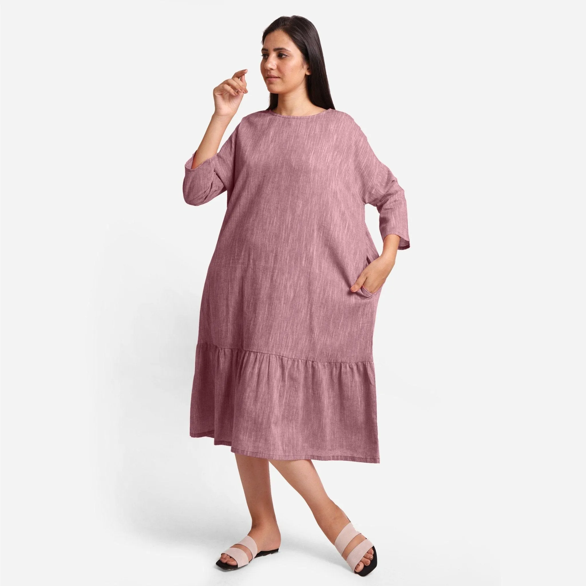 Maroon Yarn Dyed Cotton Boat Neck Midi Tier Dress