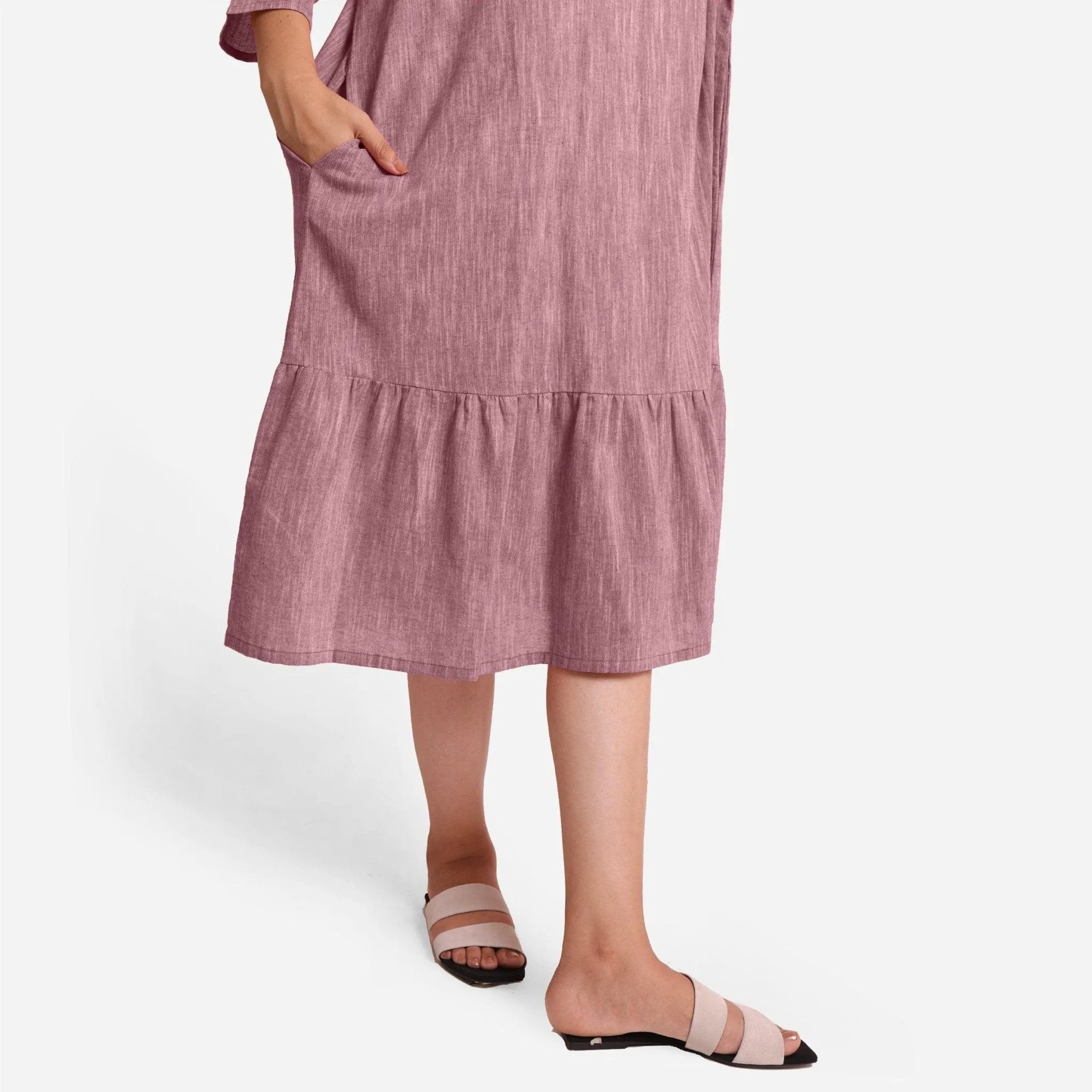 Maroon Yarn Dyed Cotton Boat Neck Midi Tier Dress