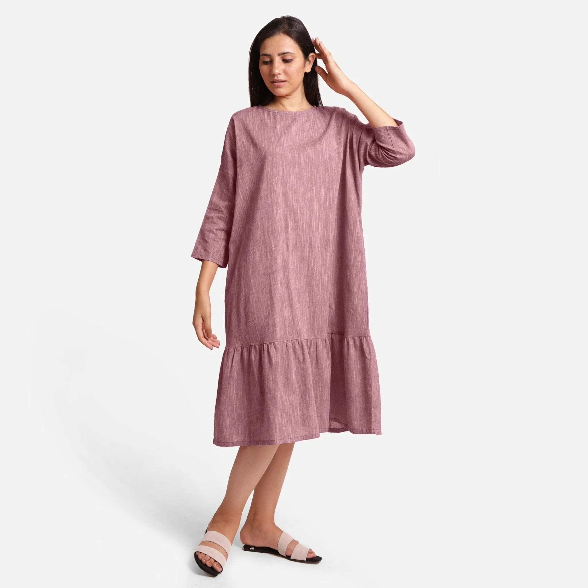 Maroon Yarn Dyed Cotton Boat Neck Midi Tier Dress