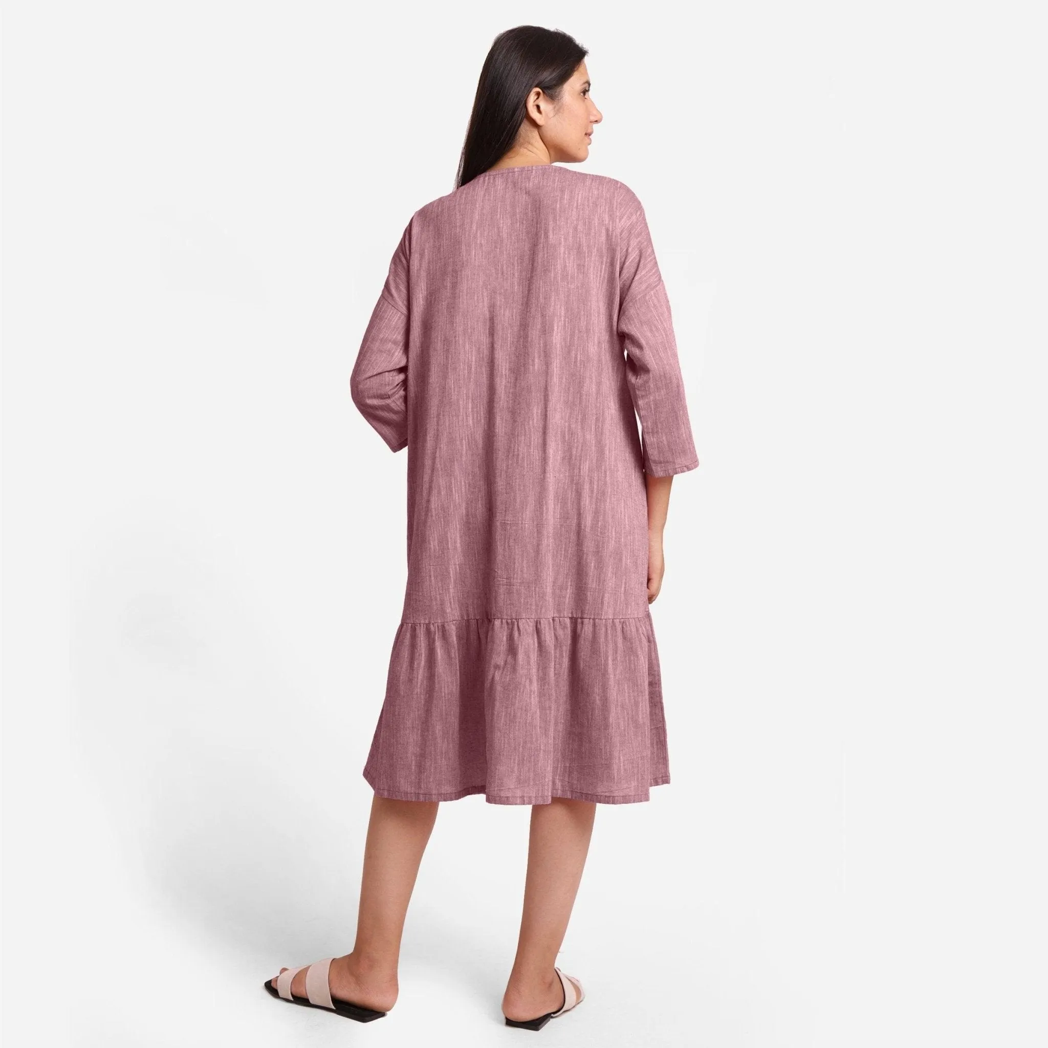 Maroon Yarn Dyed Cotton Boat Neck Midi Tier Dress