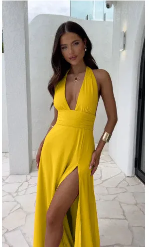 Maxi Halterneck Backless Slit Dress