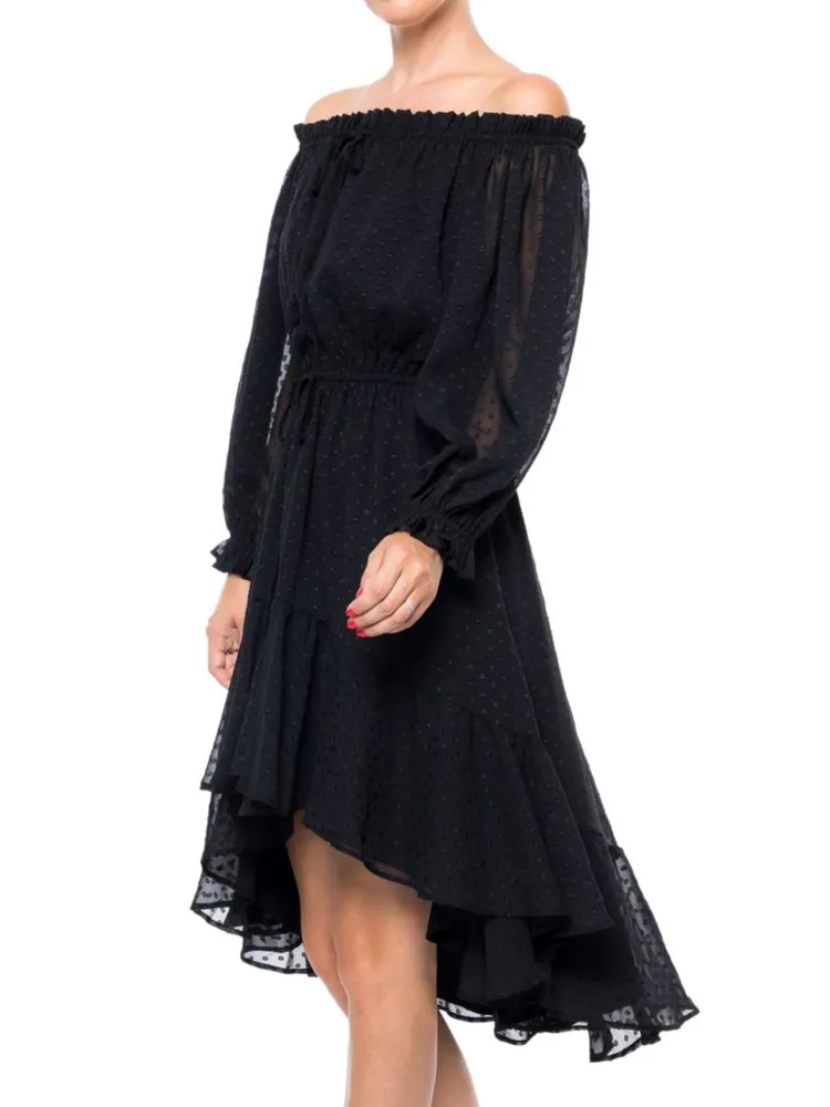 Meghan La Peasant Dress with Swiss Polka Dots, Black
