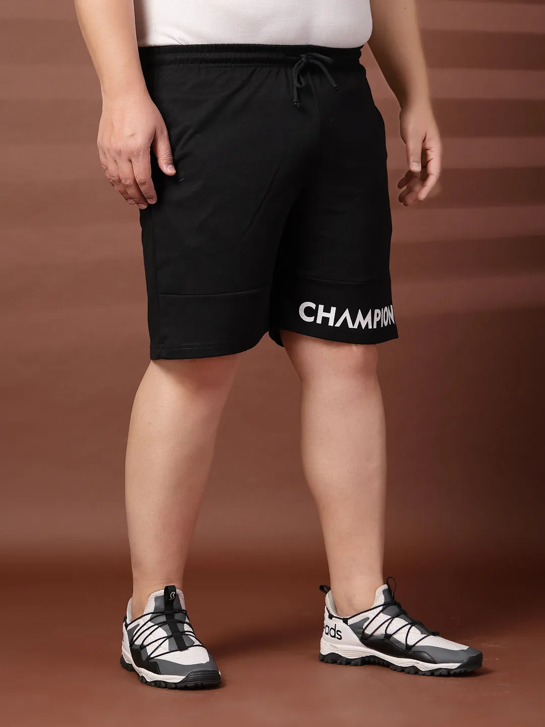 Men Black Typography Printed Mid-Rise Regular Shorts