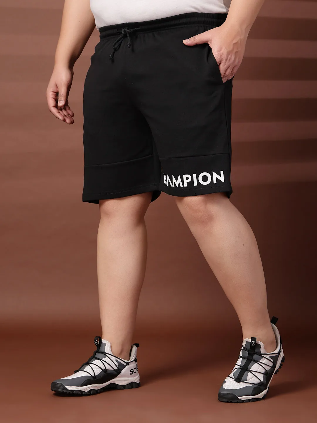 Men Black Typography Printed Mid-Rise Regular Shorts