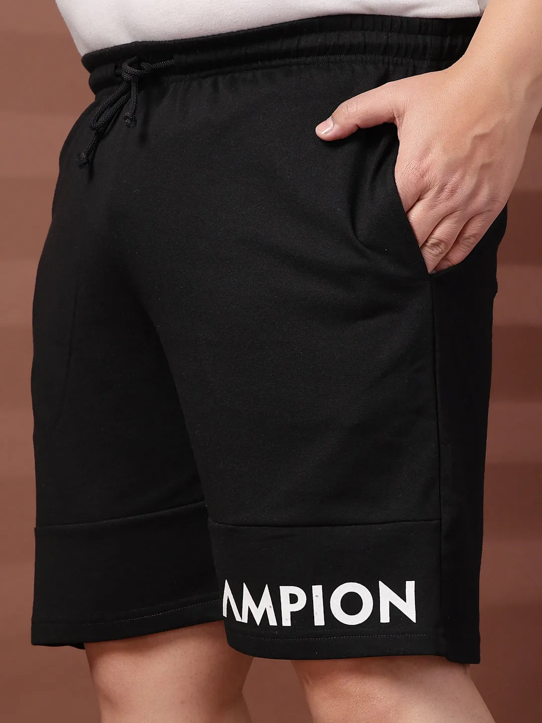 Men Black Typography Printed Mid-Rise Regular Shorts