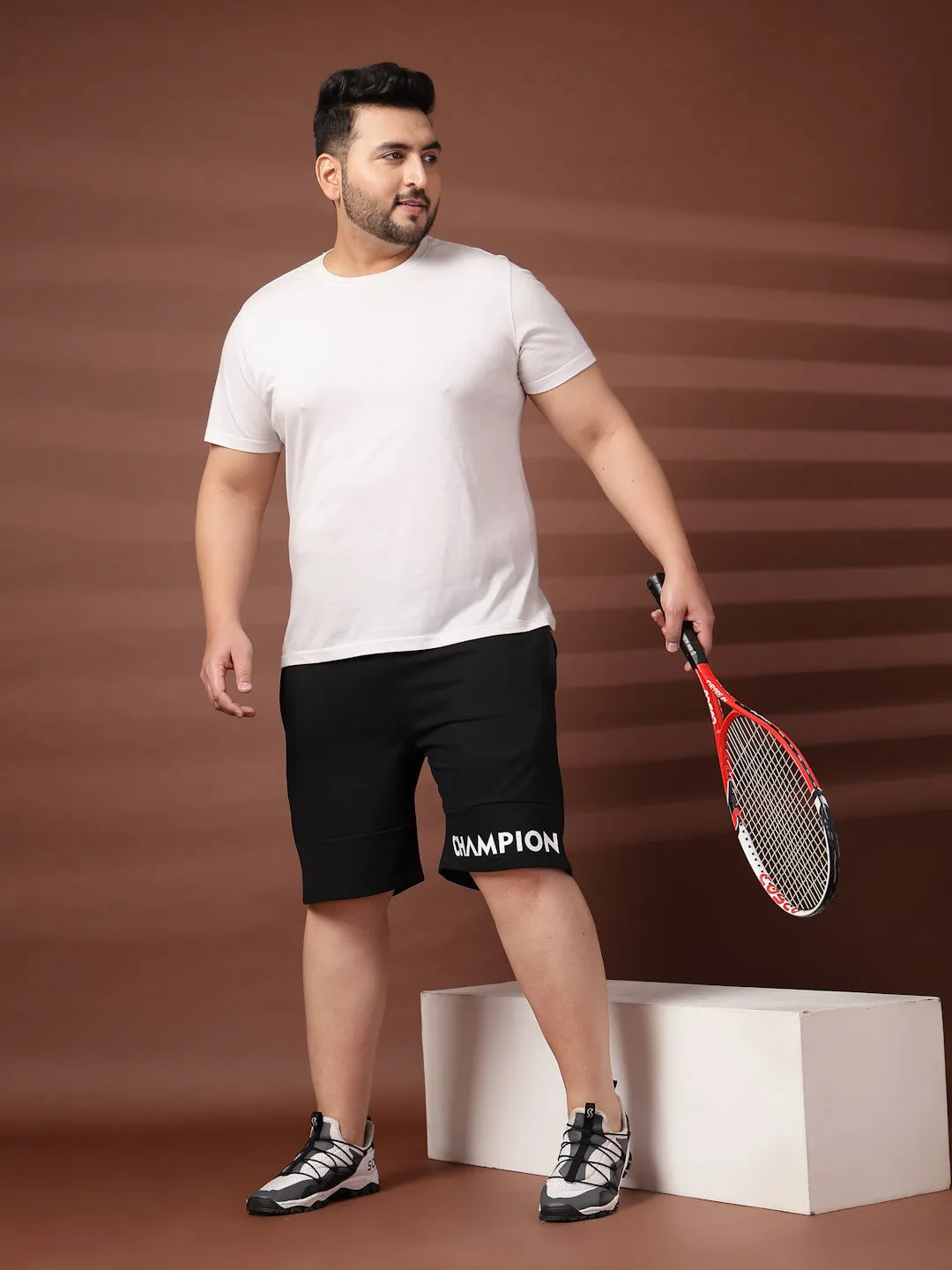 Men Black Typography Printed Mid-Rise Regular Shorts