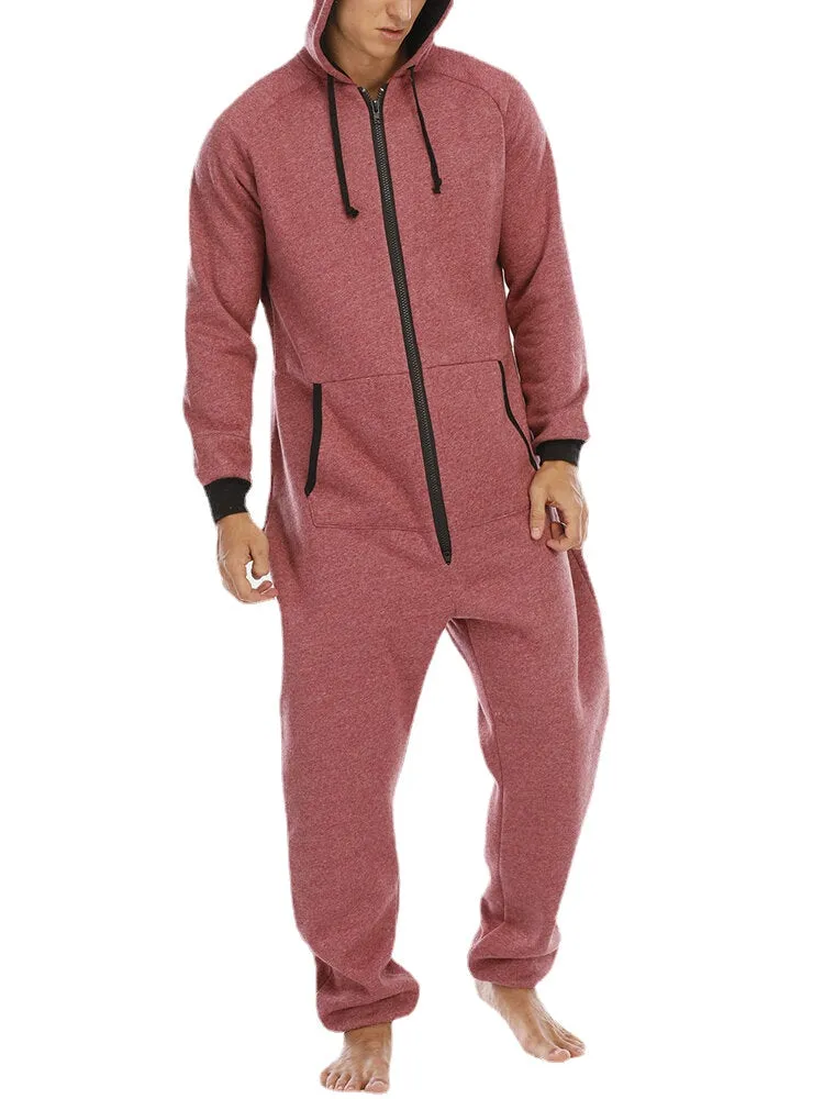 Men Cotton Solid Hooded Pocket Long Sleeve Home Jumpsuit Zipper Sleepwear