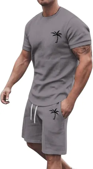 Mens 2 Piece Hawaiian Outfits Short Sleeve Casual T-Shirts and Shorts Matching Set Summer Beach Lounge Tracksuits Set