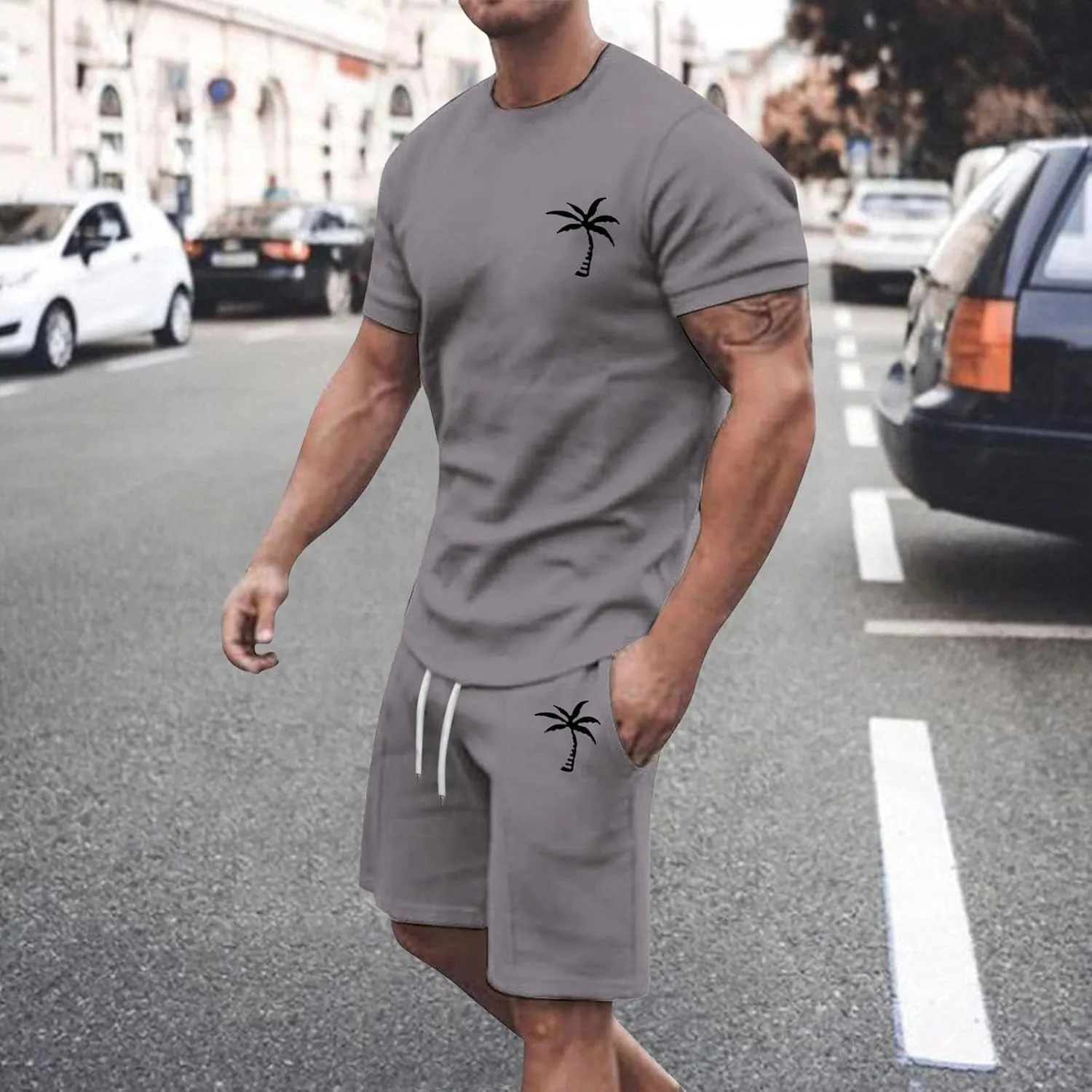 Mens 2 Piece Hawaiian Outfits Short Sleeve Casual T-Shirts and Shorts Matching Set Summer Beach Lounge Tracksuits Set
