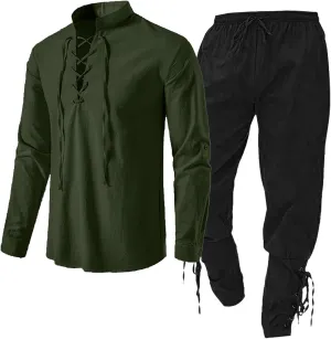 Mens 2 Piece Steampunk Cotton Linen Set Casual Long Sleeve Lace Up Henley Shirts Beach Pants Summer Hippie Outfits