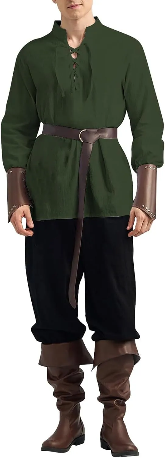 Mens 2 Piece Steampunk Cotton Linen Set Casual Long Sleeve Lace Up Henley Shirts Beach Pants Summer Hippie Outfits