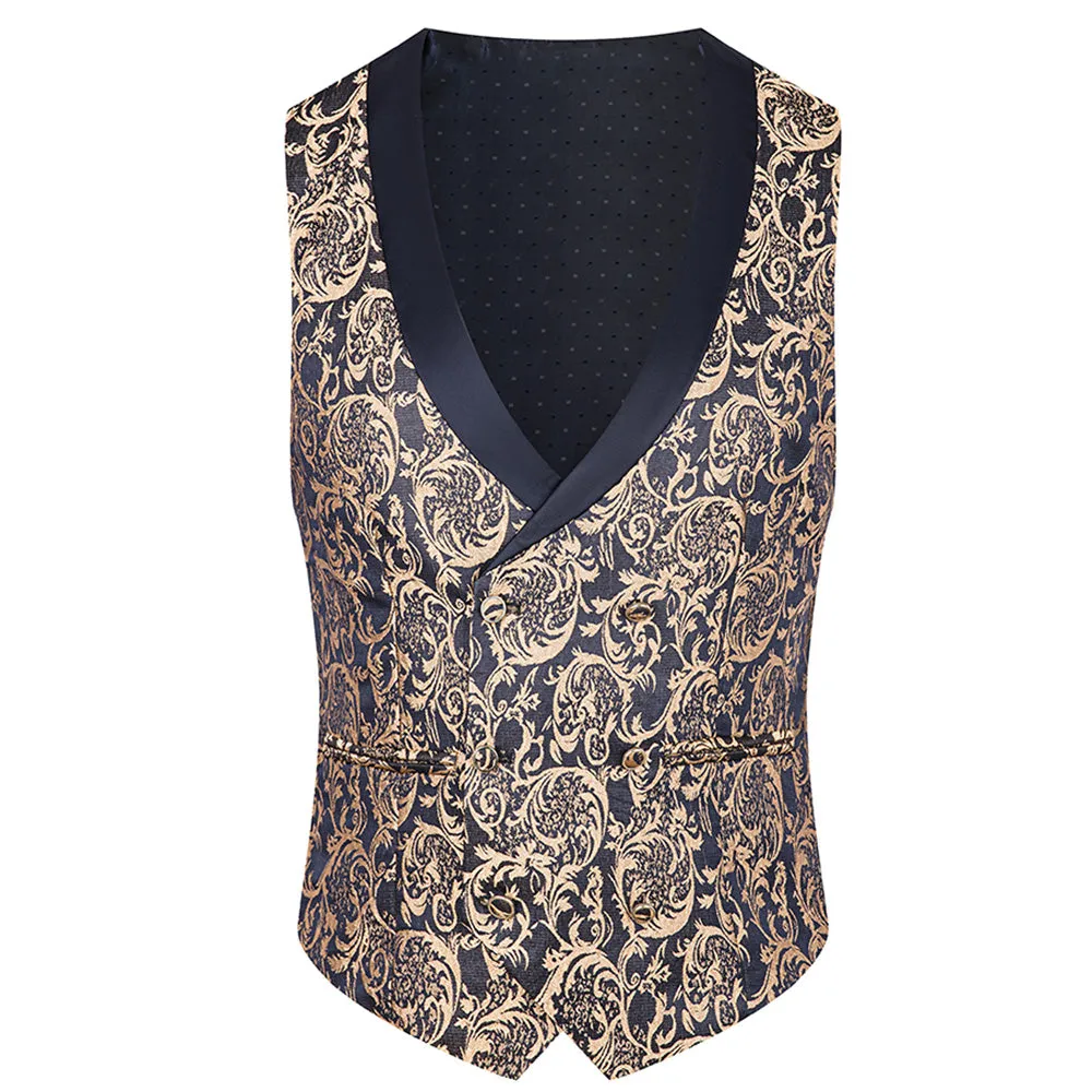 Men's 3-Piece Vintage Style Gold Damask Jacquard Navy Blue Suit