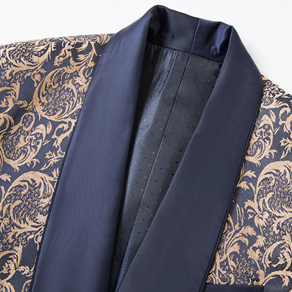 Men's 3-Piece Vintage Style Gold Damask Jacquard Navy Blue Suit