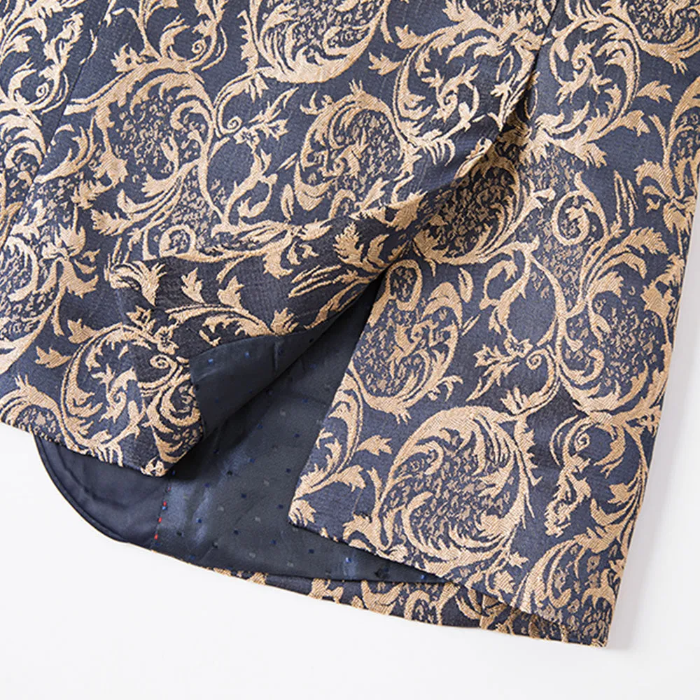 Men's 3-Piece Vintage Style Gold Damask Jacquard Navy Blue Suit