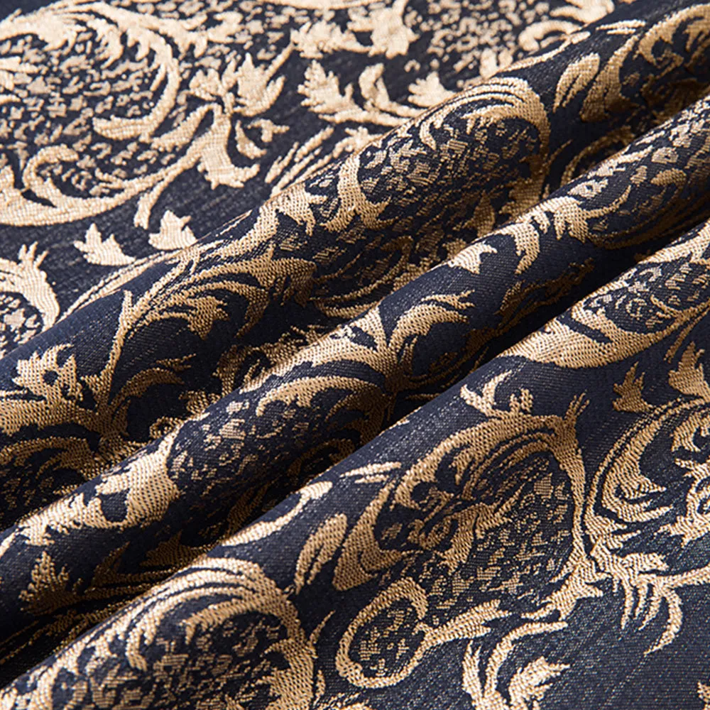 Men's 3-Piece Vintage Style Gold Damask Jacquard Navy Blue Suit