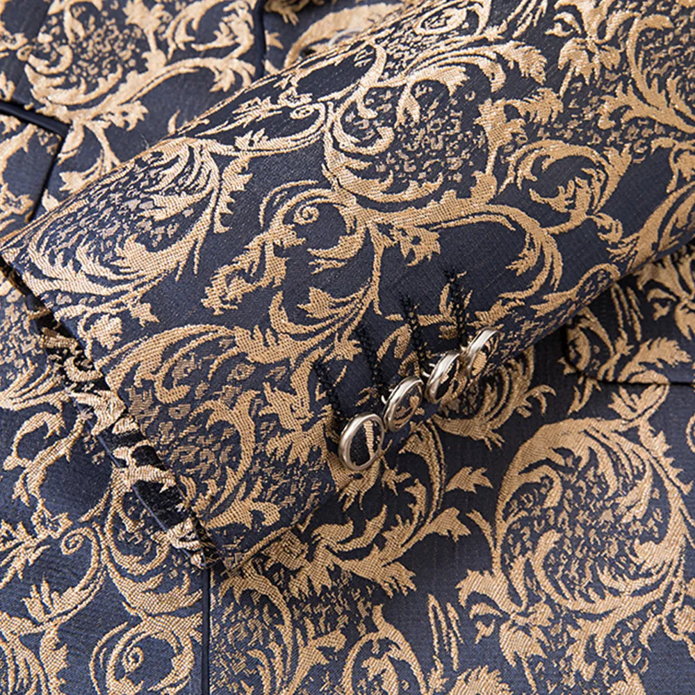 Men's 3-Piece Vintage Style Gold Damask Jacquard Navy Blue Suit