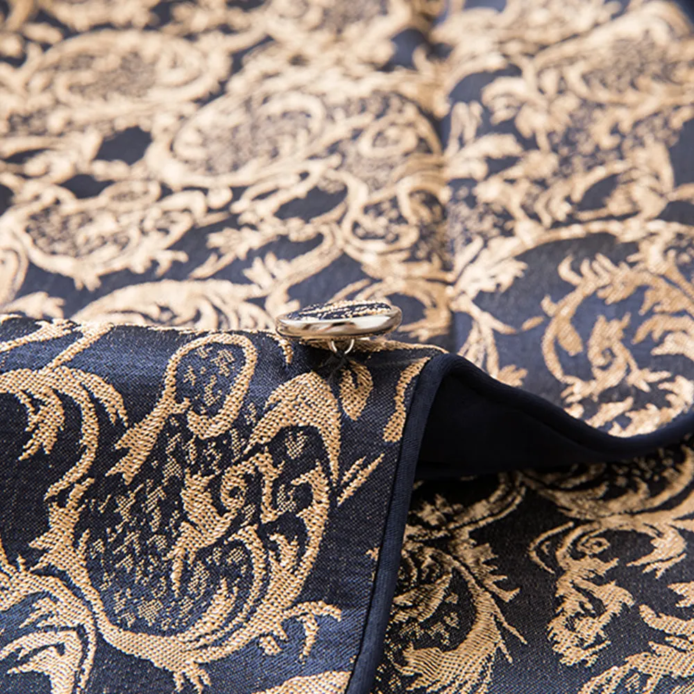 Men's 3-Piece Vintage Style Gold Damask Jacquard Navy Blue Suit
