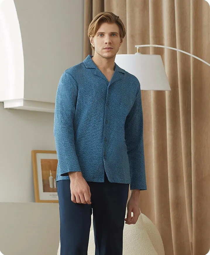 Men's 40S Pure Cotton Lapel Long Sleeved Winter Sleepwear Homewear Set