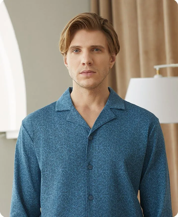 Men's 40S Pure Cotton Lapel Long Sleeved Winter Sleepwear Homewear Set