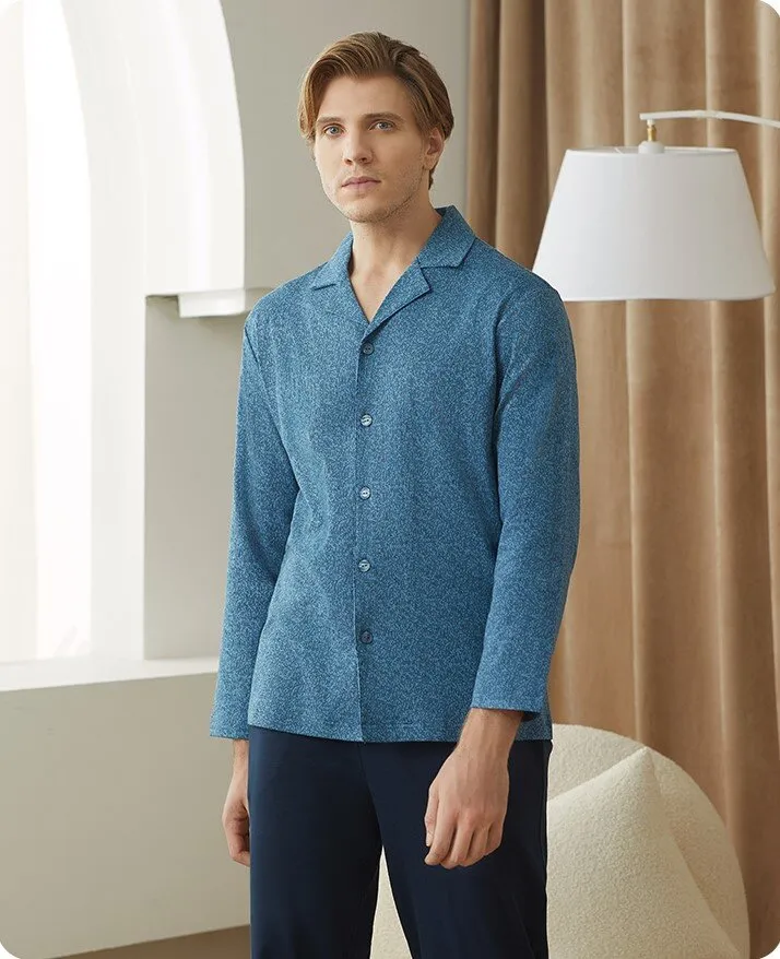 Men's 40S Pure Cotton Lapel Long Sleeved Winter Sleepwear Homewear Set