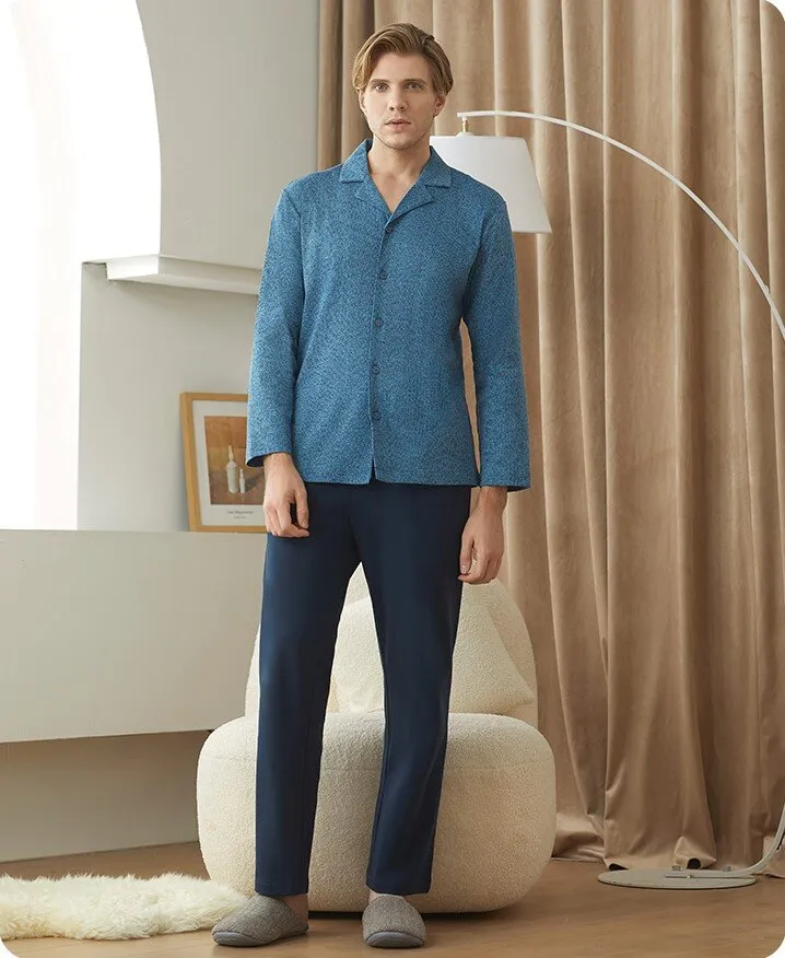 Men's 40S Pure Cotton Lapel Long Sleeved Winter Sleepwear Homewear Set