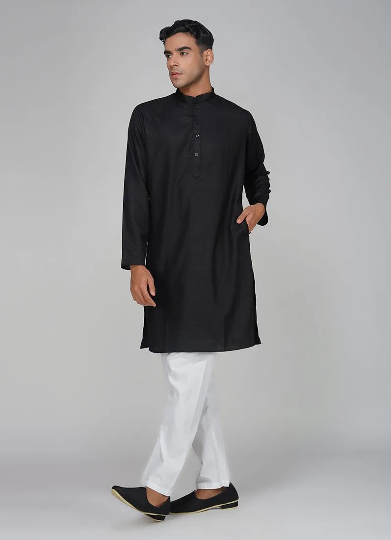 Men's Black Dobby Kurta Pajama Set
