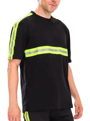 Mens Black T-Shirt Reflective Tape Stripes Shirt Crew Neck