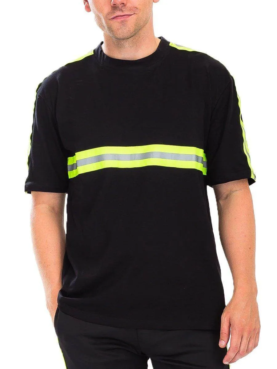 Mens Black T-Shirt Reflective Tape Stripes Shirt Crew Neck
