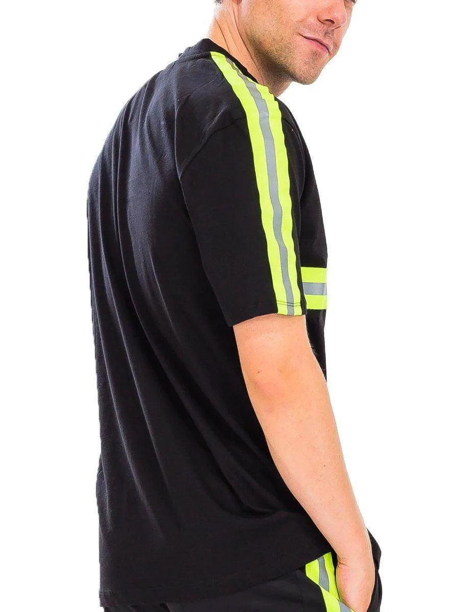 Mens Black T-Shirt Reflective Tape Stripes Shirt Crew Neck