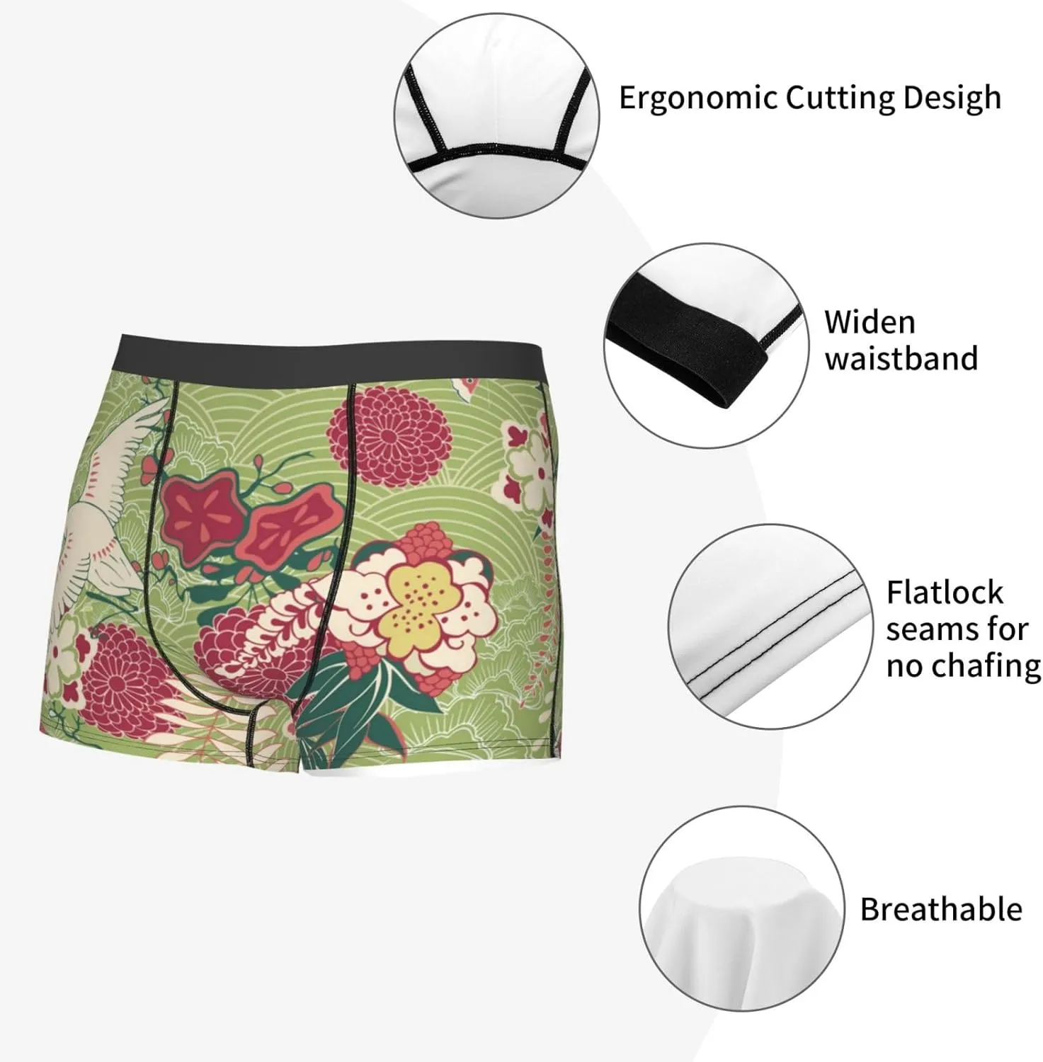Men's Boxer Briefs Breathable Underwear Pouch Comfort, Oriental Crane