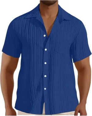 Men's Casual Button Down Shirts Short Sleeve Textured Summer Beach Shirt with Pocket