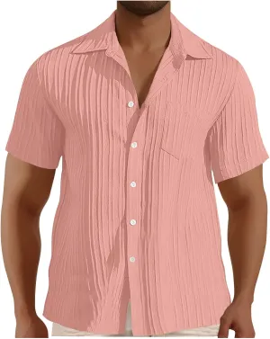 Men's Casual Button Down Shirts Short Sleeve Textured Summer Beach Shirt with Pocket