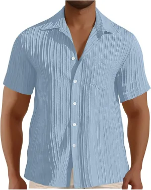 Men's Casual Button Down Shirts Short Sleeve Textured Summer Beach Shirt with Pocket