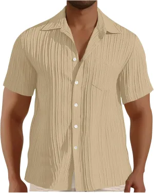 Men's Casual Button Down Shirts Short Sleeve Textured Summer Beach Shirt with Pocket