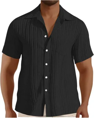 Men's Casual Button Down Shirts Short Sleeve Textured Summer Beach Shirt with Pocket