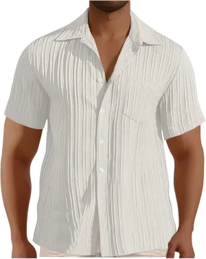 Men's Casual Button Down Shirts Short Sleeve Textured Summer Beach Shirt with Pocket